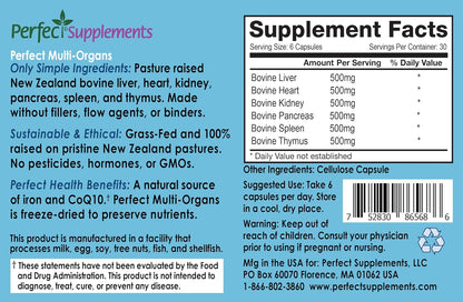 Perfect Supplements - Perfect Multi-Organs – A Blend of 6 Synergistic Glandulars – 100% Freeze Dried & Hormone Free – New Zealand Pasture Raised Whole Food Capsules