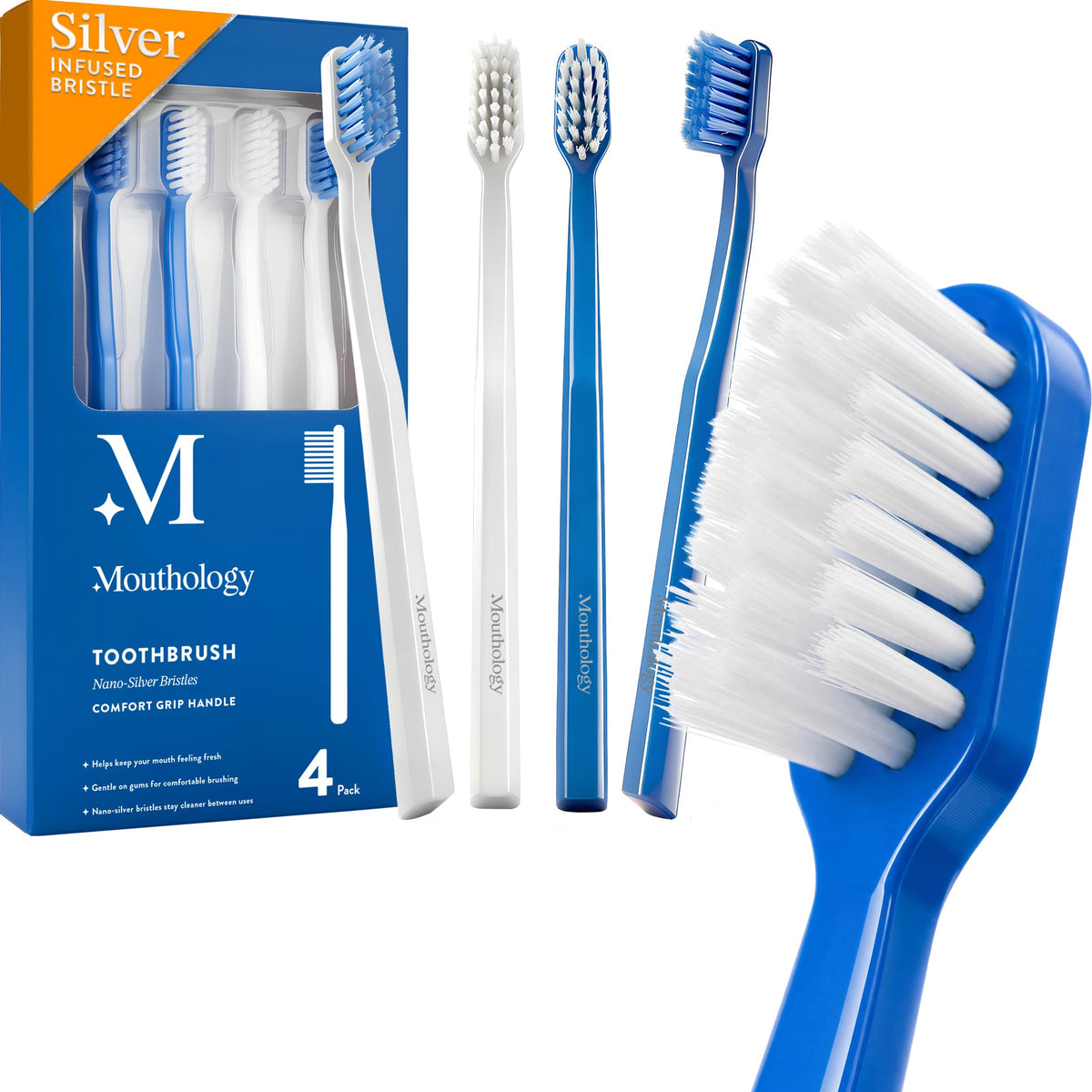 Mouthology Nano Silver Ultra Soft Toothbrush Adults - Manual Extra Tooth Brush Sensitive Gums Teeth - White Handle Bristles