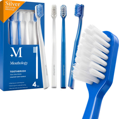 Mouthology Nano Silver Ultra Soft Toothbrush Adults - Manual Extra Tooth Brush Sensitive Gums Teeth - White Handle Bristles