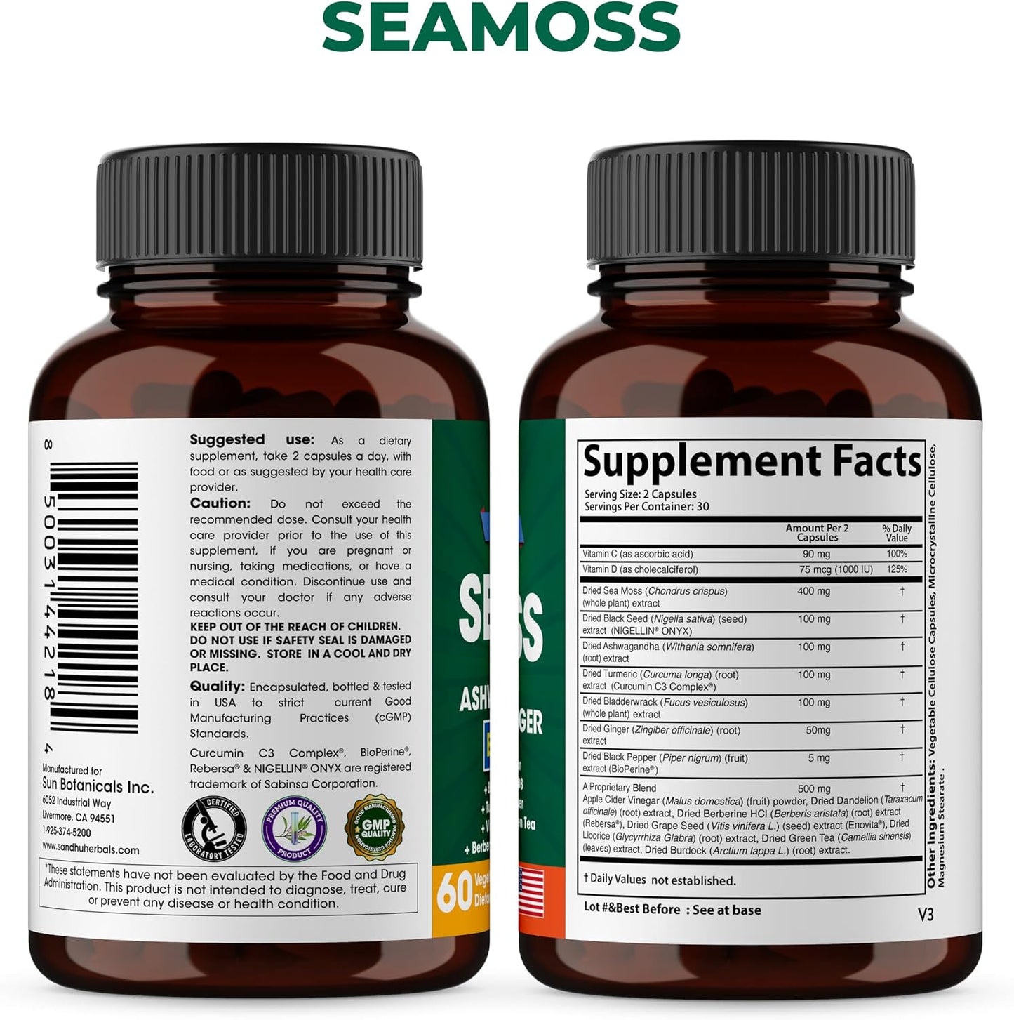 Sandhu Herbals Bundle - Sea Moss, Shilajit, Black Seed Oil, Ashwagandha, Ginger, Rhodiola Rosea, Panax Ginseng, Stinging Nettle