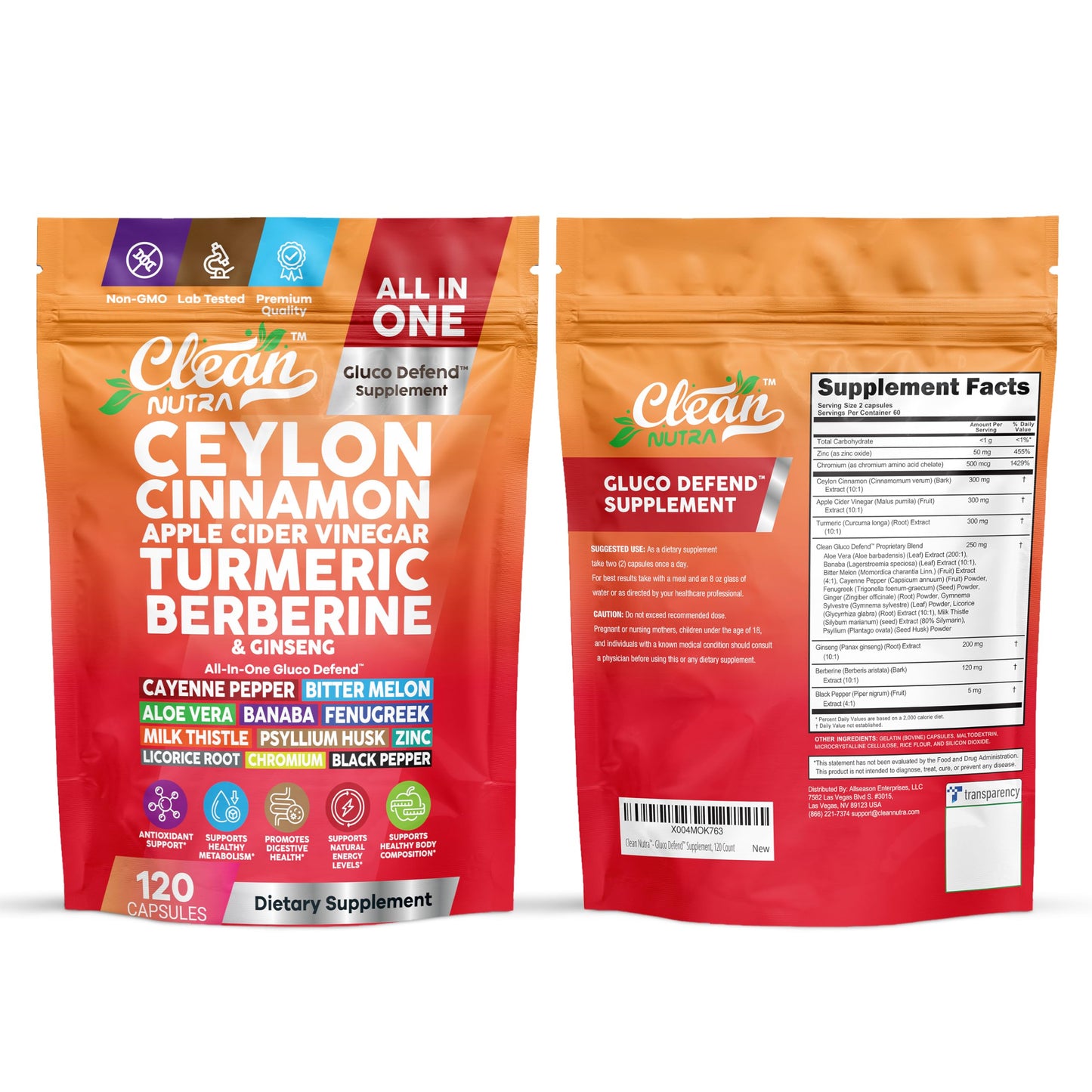 Clean Nutraceuticals Ceylon Cinnamon Capsules + Berberine Turmeric Apple Cider Vinegar Ginseng Bitter Melon (Karela) Gymnema Milk Thistle Fenugreek Supplement Pills Powder for Men & Women
