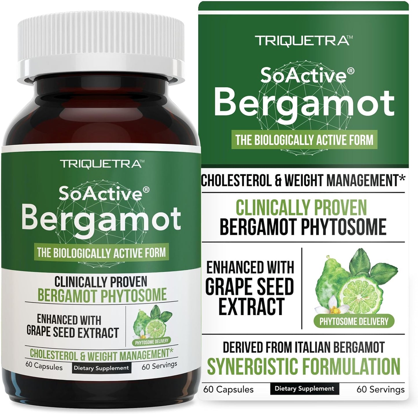 SoActive Bergamot: 2.5X More Effective, Italian Citrus Bergamot Phytosome - Clinically Validated | Enhanced with Grape Seed Extract - Supports Cholesterol & Weight Management (60 Capsules)