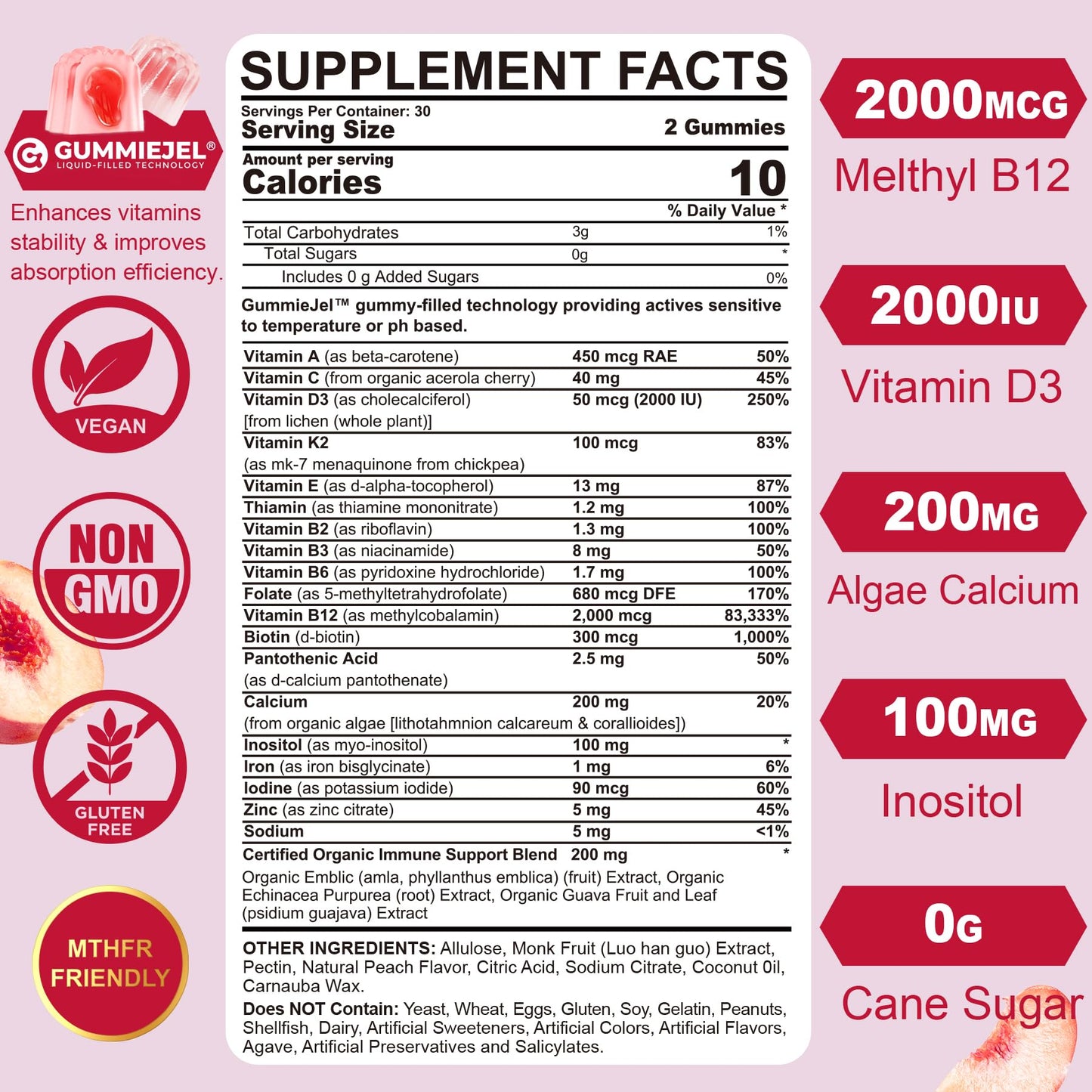 Methylated Multivitamin for Women Gummies, Calcium, D3 K2, Methylfolate & B12, Inositol, Daily Vitamin A C E, B Complex, Biotin, Zinc, Iron -Energy, Immune, Bone, Skin, Hair, Sugar Free, 60Cts