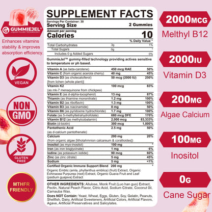 Methylated Multivitamin for Women Gummies, Calcium, D3 K2, Methylfolate & B12, Inositol, Daily Vitamin A C E, B Complex, Biotin, Zinc, Iron -Energy, Immune, Bone, Skin, Hair, Sugar Free, 60Cts