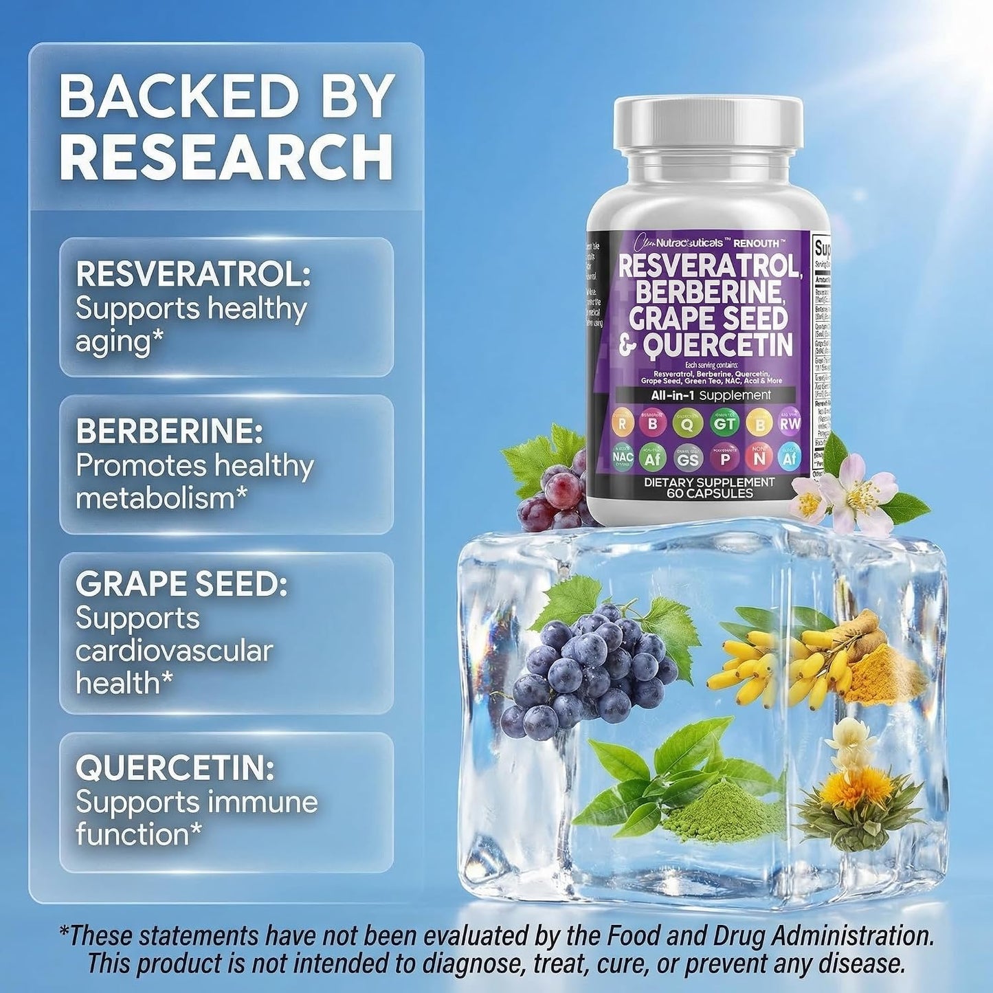 Clean Resveratrol Supplement | Berberine Grape Seed Extract Quercetin Green Tea Extract Acai Noni Polyphenol Supplement for Women & Men N-Acetyl Cysteine