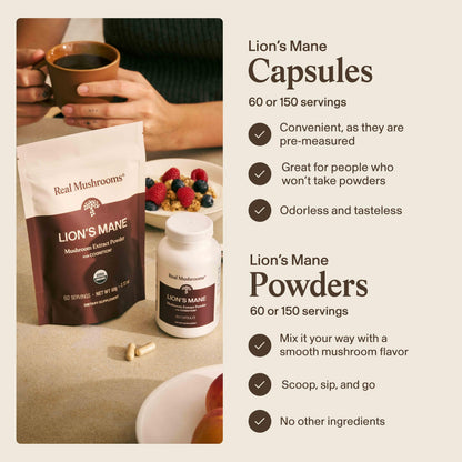 Real Mushrooms Lions Mane Mushroom Supplement - Organic Lions Mane Extract Powder for Overall Wellness with Adaptogens – Functional Vegan, Non-GMO Blend with 60 Servings