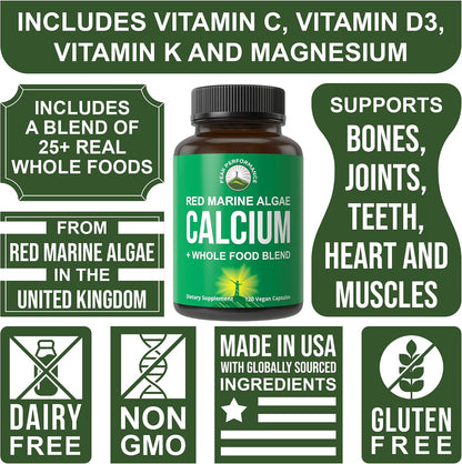 Plant Based Calcium - Red Marine Algae Calcium Supplement with Vitamin C, D3, K, Magnesium, and Whole Food Vegetable Blend. Vegan Capsules for Bones and Joints. 120 Pills, Tablets