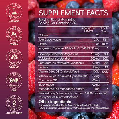 Magnesium Glycinate Gummies 600mg, Sugar Free Magnesium Gummies for Adults