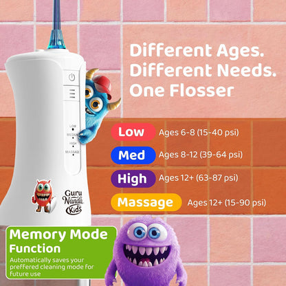 GuruNanda Kids Water Flosser Cordless, Braces-Friendly, Ages 6+, White, 1ct