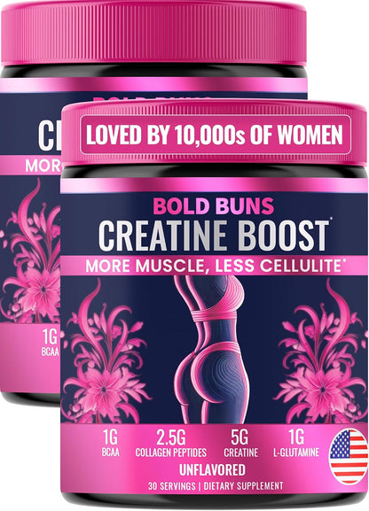Bold Buns Creatine for Women – Supplement with Collagen & BCAA – Supports Muscle Development, Post-Workout Recovery, Skin Elasticity, Healthy Hair & Nail (2 Pack x 30 Servings, Unflavored)