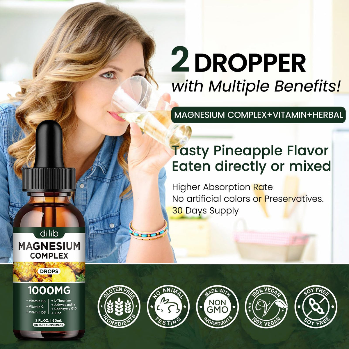 Triple Magnesium Complex Supplement, Magnesium Glycinate, Blend, Citrate Liquid Drops 1000mg with Ashwagandha, CoQ10, Vitamin B6, C, D, Zinc -Support Calm Stress Relief, Bone, Muscle, Mood Vegan