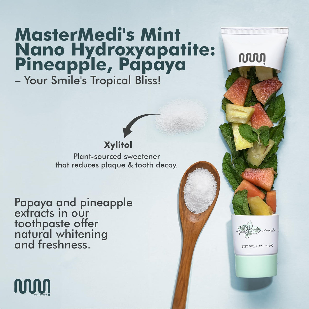 MasterMedi Nano Hydroxyapatite Toothpaste with Xylitol – Fluoride & SLS Free, Remineralizing Formula for Whitening, Sensitive Teeth, Enamel Repair & Strength, Magic Mint, 4 oz (Pack of 1)