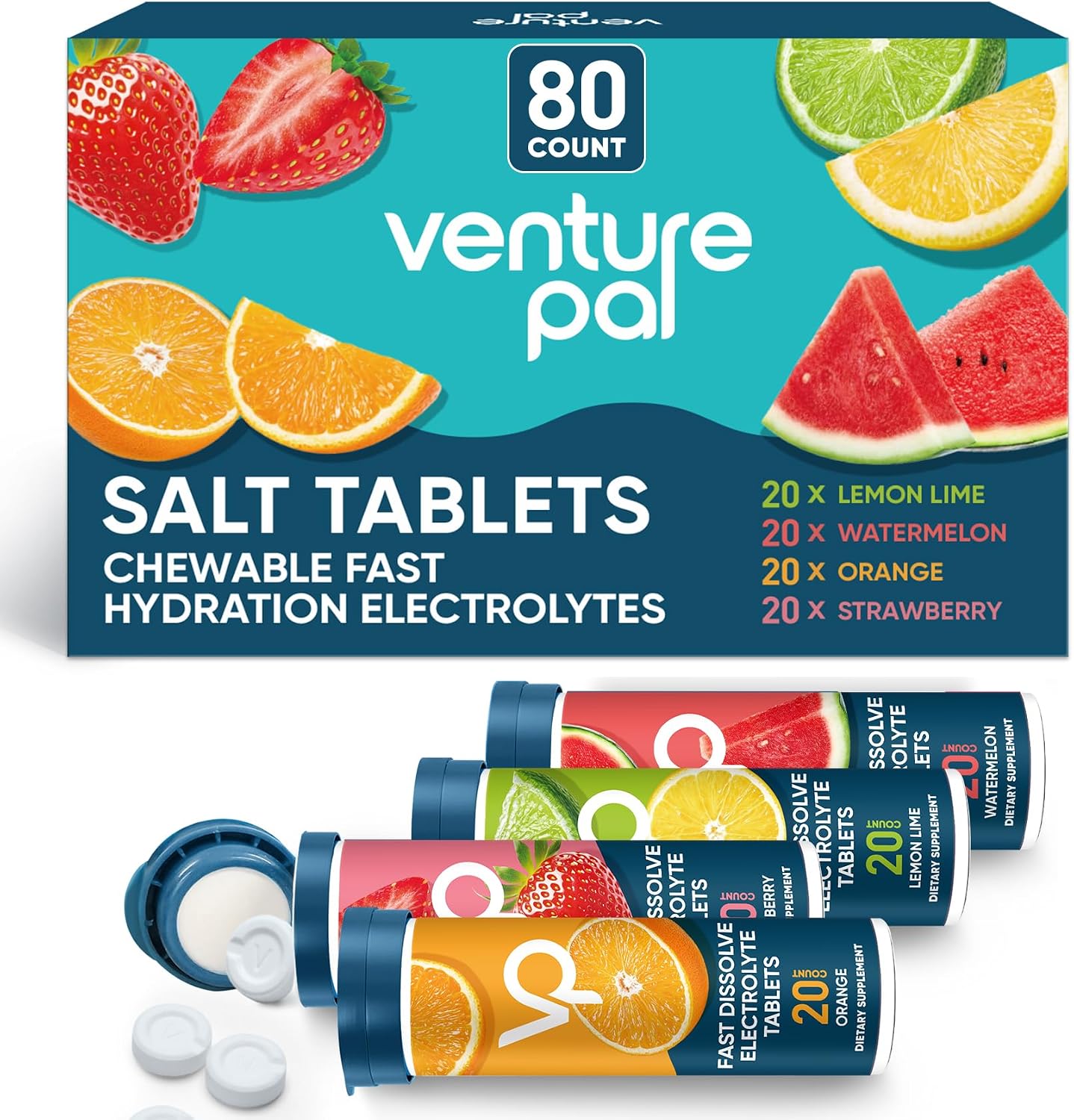 Venture Pal Chewable Electrolyte Tablets, 80 Count, Fast-Dissolve, Variety | Sugar Free Stick Salt Tablets, Gluten Free, Variety Pack for Rapid Hydration, Hiking, Outdoor Running, Keto & Vegan Friendly