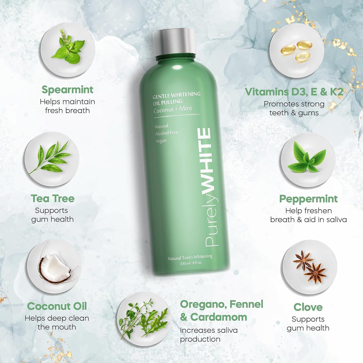 PurelyWHITE Coconut Pulling Oil - Mouthwash Mint Oil Pulling, Coconut Oil Pulling for Teeth, Pulling Oil for Teeth Whitening & Healthier Teeth & Gums - Alcohol-Free Freshens Breath W/ 7 Essential Oils