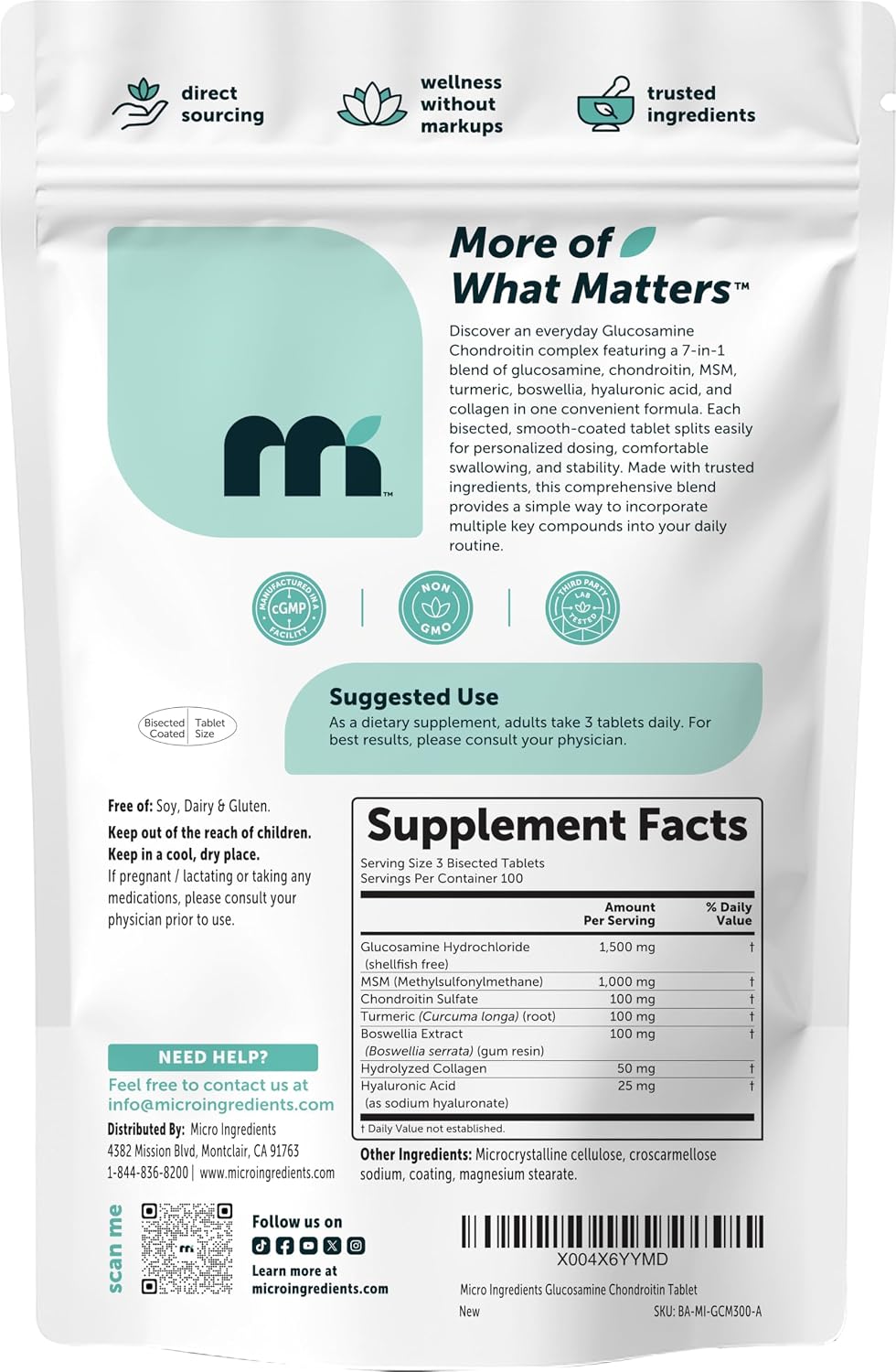 Micro Ingredients Glucosamine Chondroitin MSM and Turmeric Supplement, 300 Bisected Tablets | Joint Supplements for Men & Women* | 7-in-1 with Boswellia, Hyaluronic Acid, & Collagen Complex