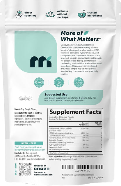Micro Ingredients Glucosamine Chondroitin MSM and Turmeric Supplement, 300 Bisected Tablets | Joint Supplements for Men & Women* | 7-in-1 with Boswellia, Hyaluronic Acid, & Collagen Complex