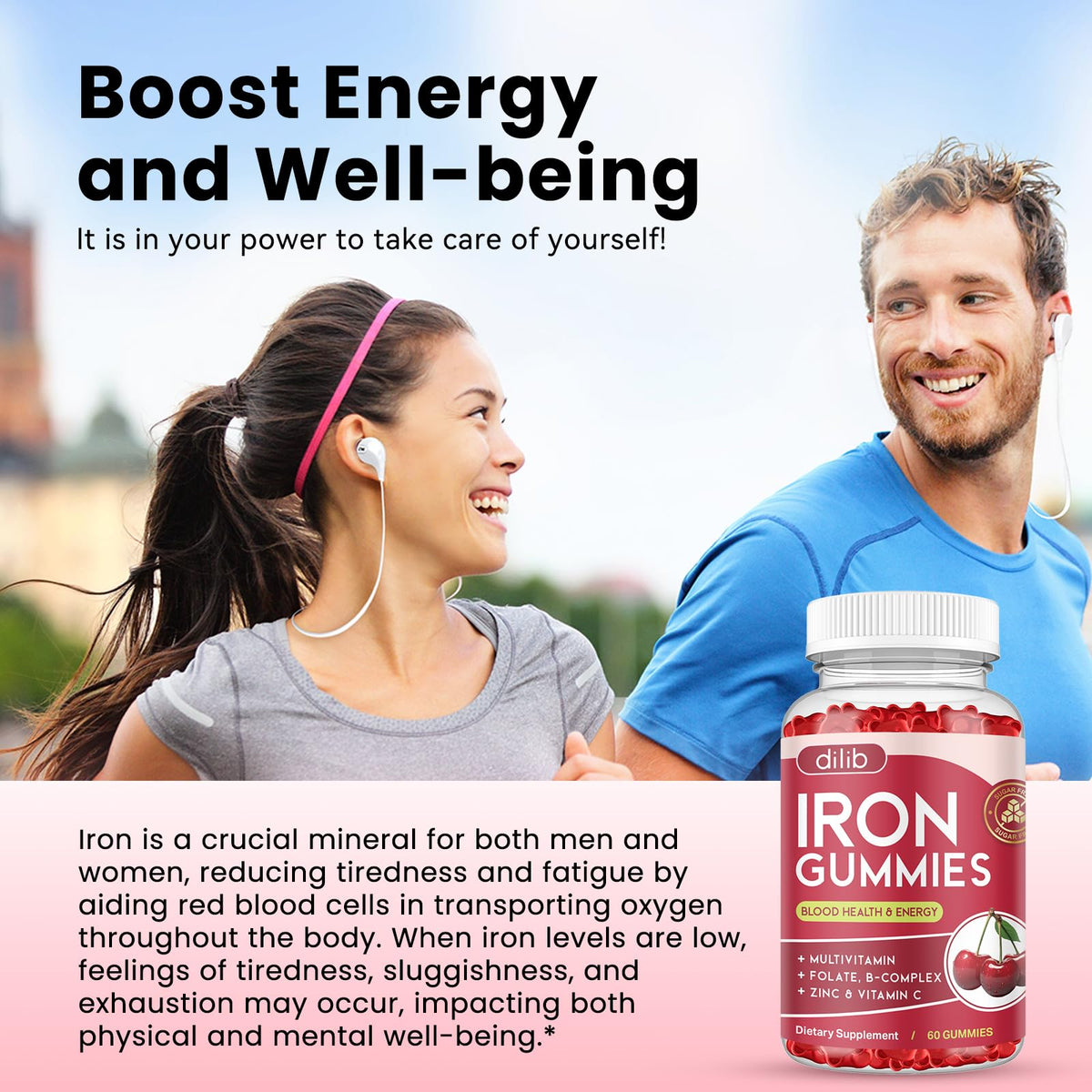 Iron Gummies with Multivitamin, Iron Supplement for Women & Men with Zinc, Vitamin B Complex & C, B12, Folate - Blood Builder & Energy Support for Adults & Kids - Strawberry Flavor, Vegan 60 Gummies
