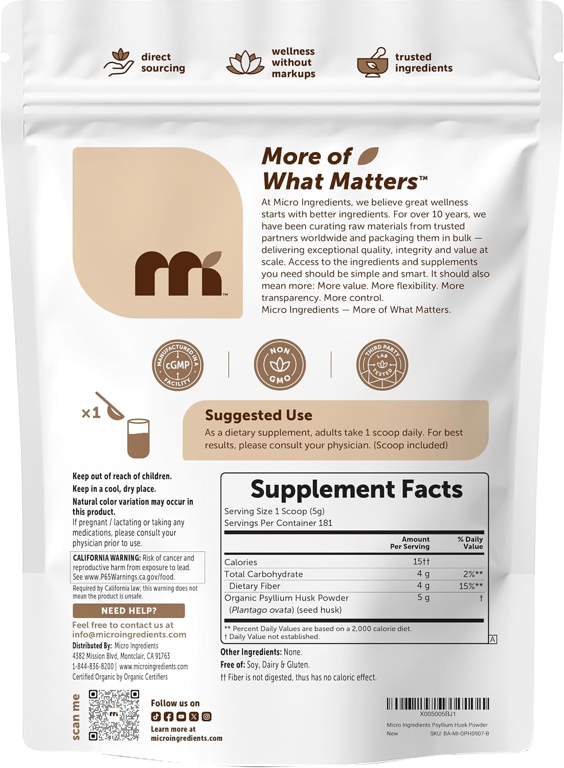 Micro Ingredients Organic Psyllium Husk Powder, 2lbs (32oz) | Daily Soluble Fiber Supplement | India Origin | Non-GMO, Keto Friendly, Vegan