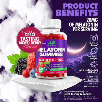 Melatonin 20mg Gummies (120 Count) - Maximum Strength Sleep Support for Adults with 10mg of Melatonin Per Gummy - Gluten-Free, Vegetarian, Great Tasting Mixed Berry Flavor - 60 Servings