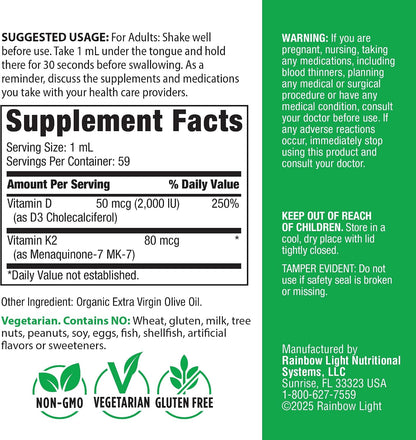 Rainbow Light Vitamin D3 + K2 as MK7 | 2 Fl Oz | 2,000IU Vitamin D | High Potency Formula | Vegetarian, Non-GMO, Gluten Free