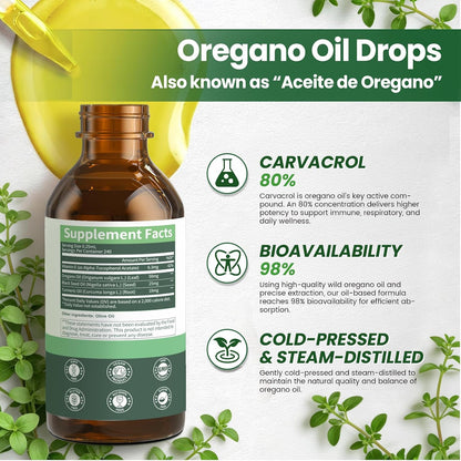 Oil of Oregano Drops with Black Seed Oil, 80% Carvacrol, 8 Month Supply | Immune, Digestive, Detox & Natural Cleanse for Humans*, Undiluted Oregano Oil with Turmeric Oil, Vitamin E & Olive Oil Based