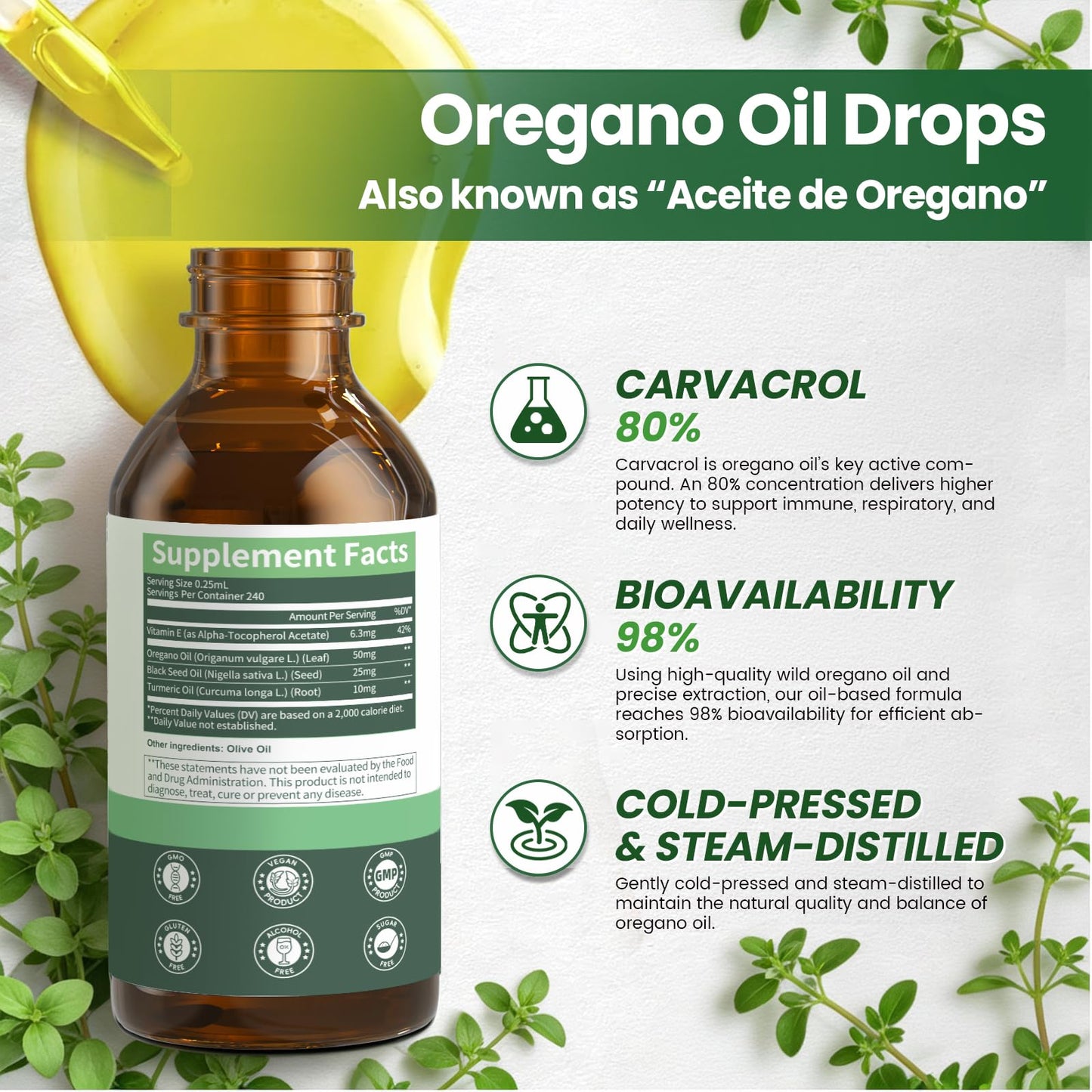 Oil of Oregano Drops with Black Seed Oil, 80% Carvacrol, 8 Month Supply | Immune, Digestive, Detox & Natural Cleanse for Humans*, Undiluted Oregano Oil with Turmeric Oil, Vitamin E & Olive Oil Based
