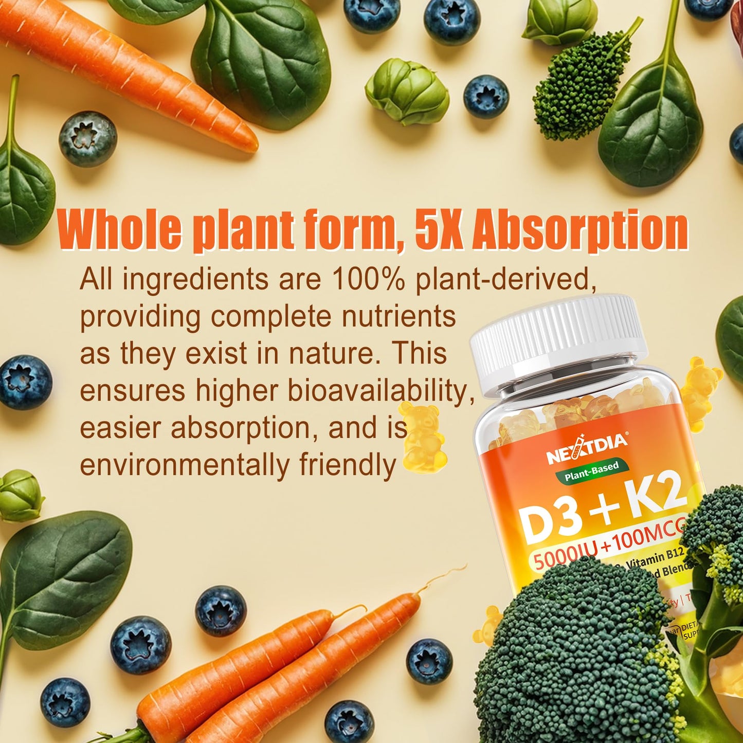 Vitamin D3 K2 Gummies 5000IU / 10,000 IU with Omega-3 250mg + K2(MK-7) 100mcg - 5X Absorption Than Standard D3K2,with Vitamin C, Zinc,and 5 Organic Vegetables,Supports Bone & Teeth Strength, Immune
