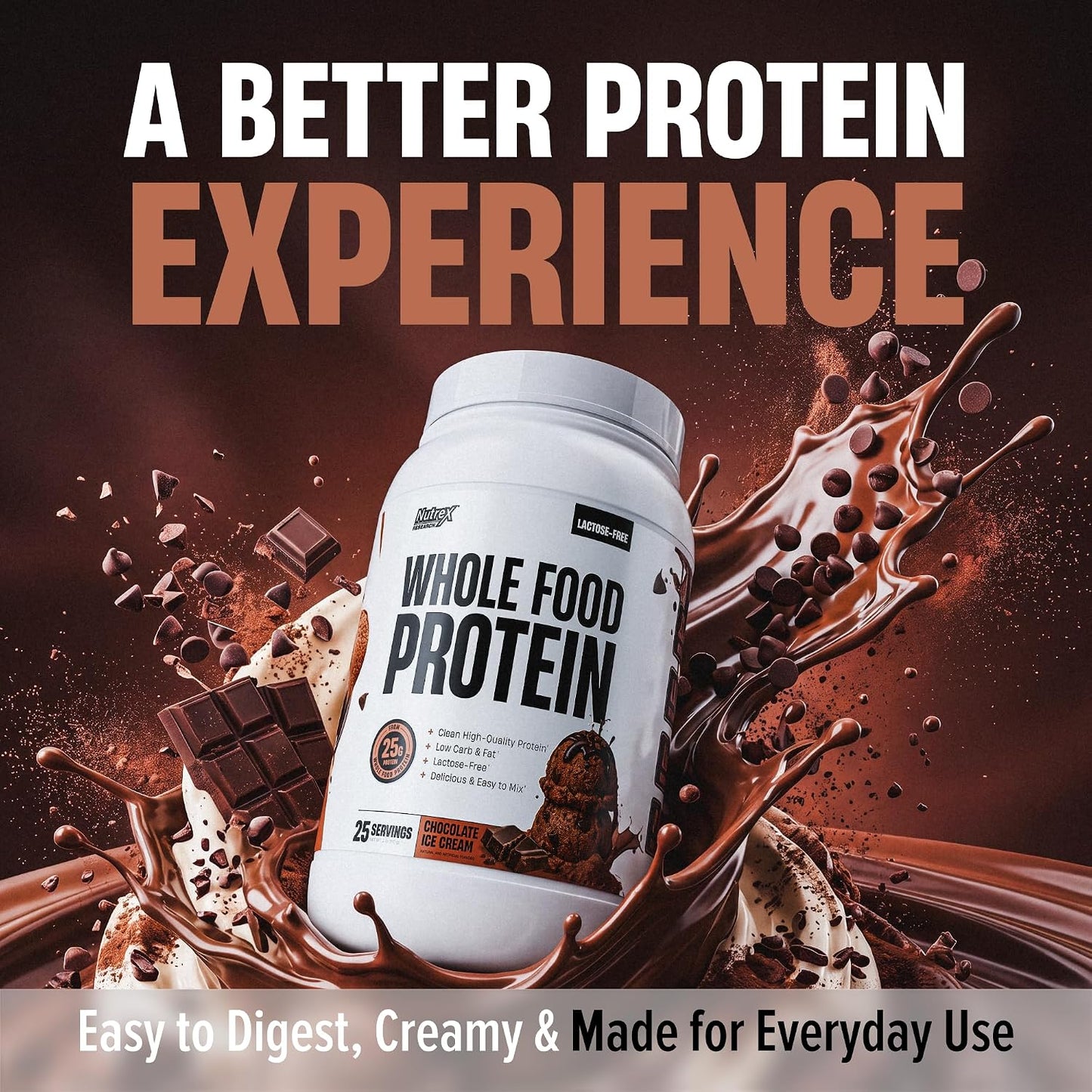 Whole Food Protein Powder - 25g Protein per Scoop, Lactose Free Protein with Beef Isolate, Collagen, Pea, Brown Rice, Chicken & Egg Protein, 0G Sugar, Keto Friendly, Chocolate Ice Cream 25 Serv