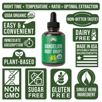 Dandelion Root Extract. USDA Organic Vegan Herbal Liquid Tincture Dandelions Supplement for Women and Men. Leaf Tonic for Immune, Liver, Gut Health. Zero Sugar, Gluten Free Supplements Not Capsules