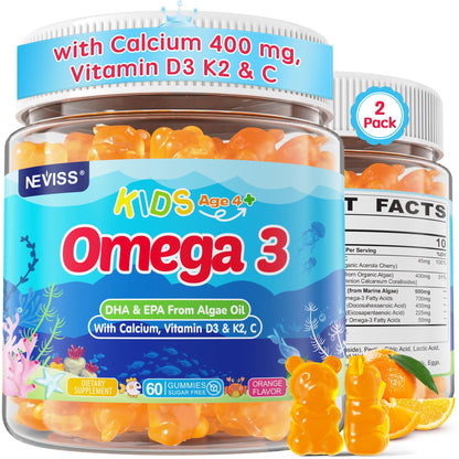 Kids Omega 3 Gummies + Calcium 400mg + Vitamin D3 K2 + C, Omega-3 DHA & EPA Supplement - No Fish Burps, No Sugar - Kids & Teens Omega 3 + Multivitamin Gummy for Strong Bones, Brain, Immune, Eye, 2Pack