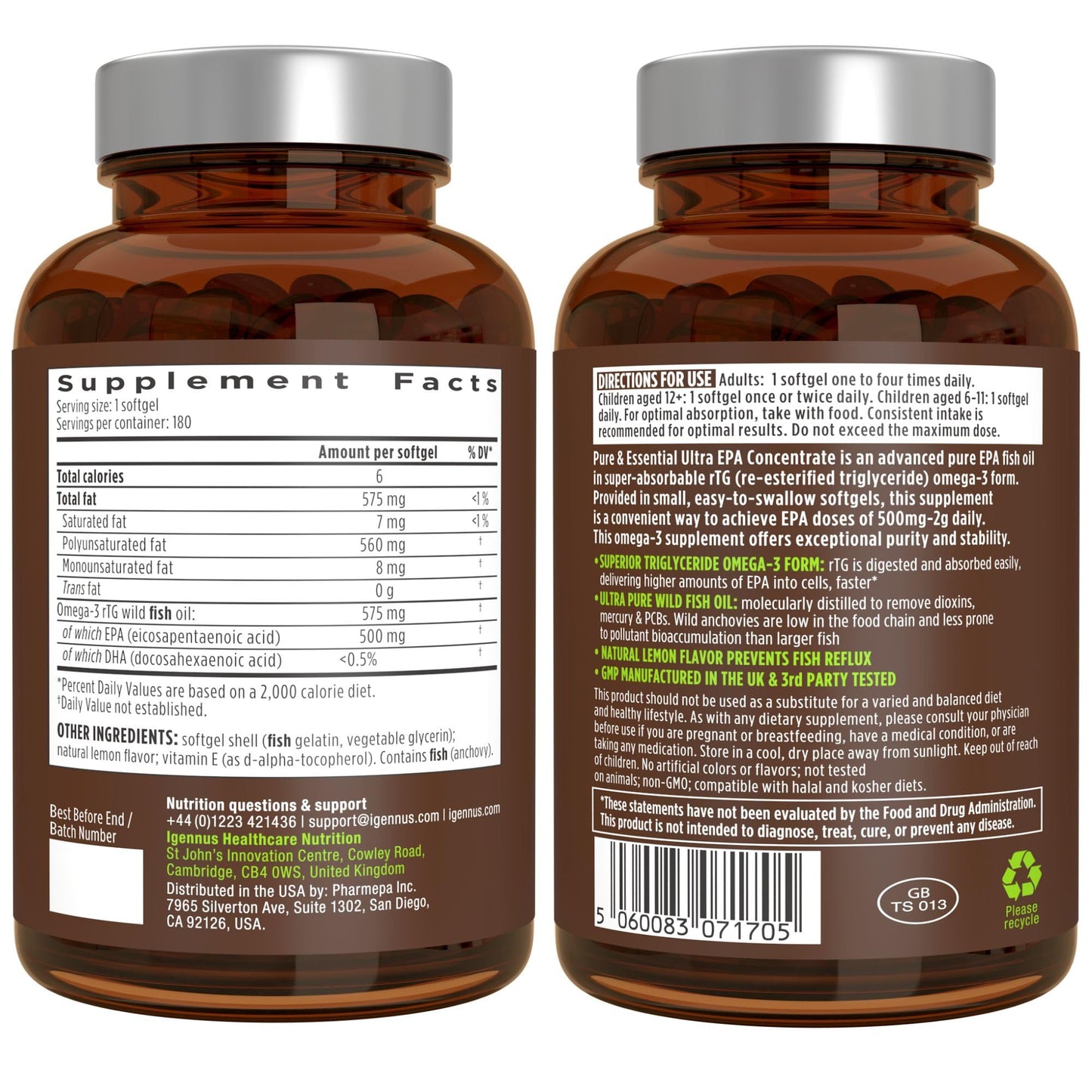 Igennus Ultra Pure EPA Omega-3 500mg, DHA-Free, High EPA rTG, IFOS Certified Fish Oil, Concentrated Triglyceride Form, Non-GMO, 90 Small Softgels