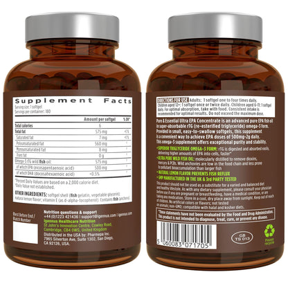 Igennus Ultra Pure EPA Omega-3 500mg, DHA-Free, High EPA rTG, IFOS Certified Fish Oil, Concentrated Triglyceride Form, Non-GMO, 90 Small Softgels