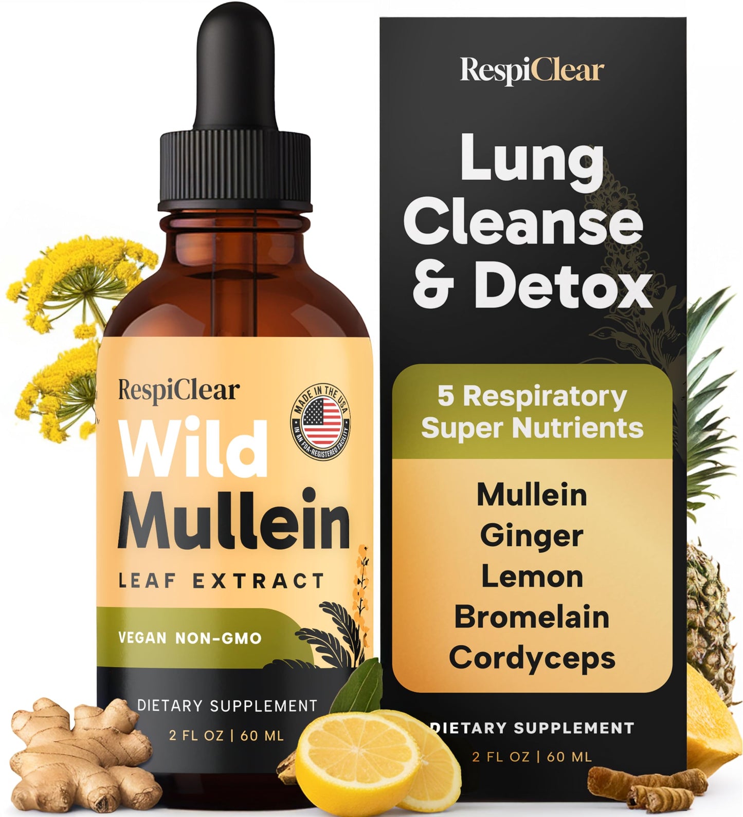 All-Natural Mullein Drops with Ginger & Lemon for Lung Cleanse and Detox, Mullein Leaf Extract for Respiratory Lung Health & Detox for Smokers, 2 Fl oz