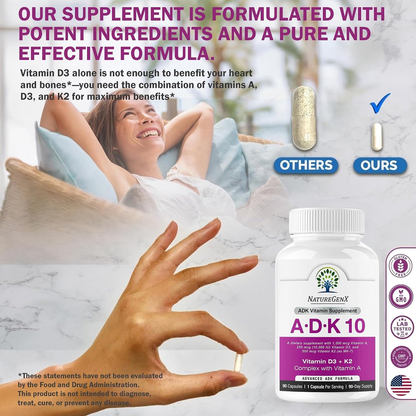 NatureGenX ADK10 – Vitamins A, D3 250 mcg & K2 MK-7 for Bone, Heart & Immune Health – Non-GMO, Gluten-Free, Soy-Free – 90 Capsules (3-Month Supply) | For Bone, Heart & Immune Health - Non-GMO, Gluten-Free, Soy-Free - 90 Capsules (3-Month Supply)
