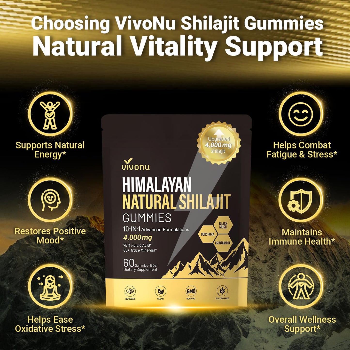 VivoNu Shilajit* Gummies,Pure Himalayan* micronutrient Supplement, Himalayan Premium Ingredient with Shilajit, Ashwagandha, Gokshura, Fulvic Acid & 85+ Trace Minerals I for Men & Women (4000MG/1 Bag)