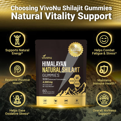 VivoNu Shilajit* Gummies,Pure Himalayan* micronutrient Supplement, Himalayan Premium Ingredient with Shilajit, Ashwagandha, Gokshura, Fulvic Acid & 85+ Trace Minerals I for Men & Women (4000MG/1 Bag)