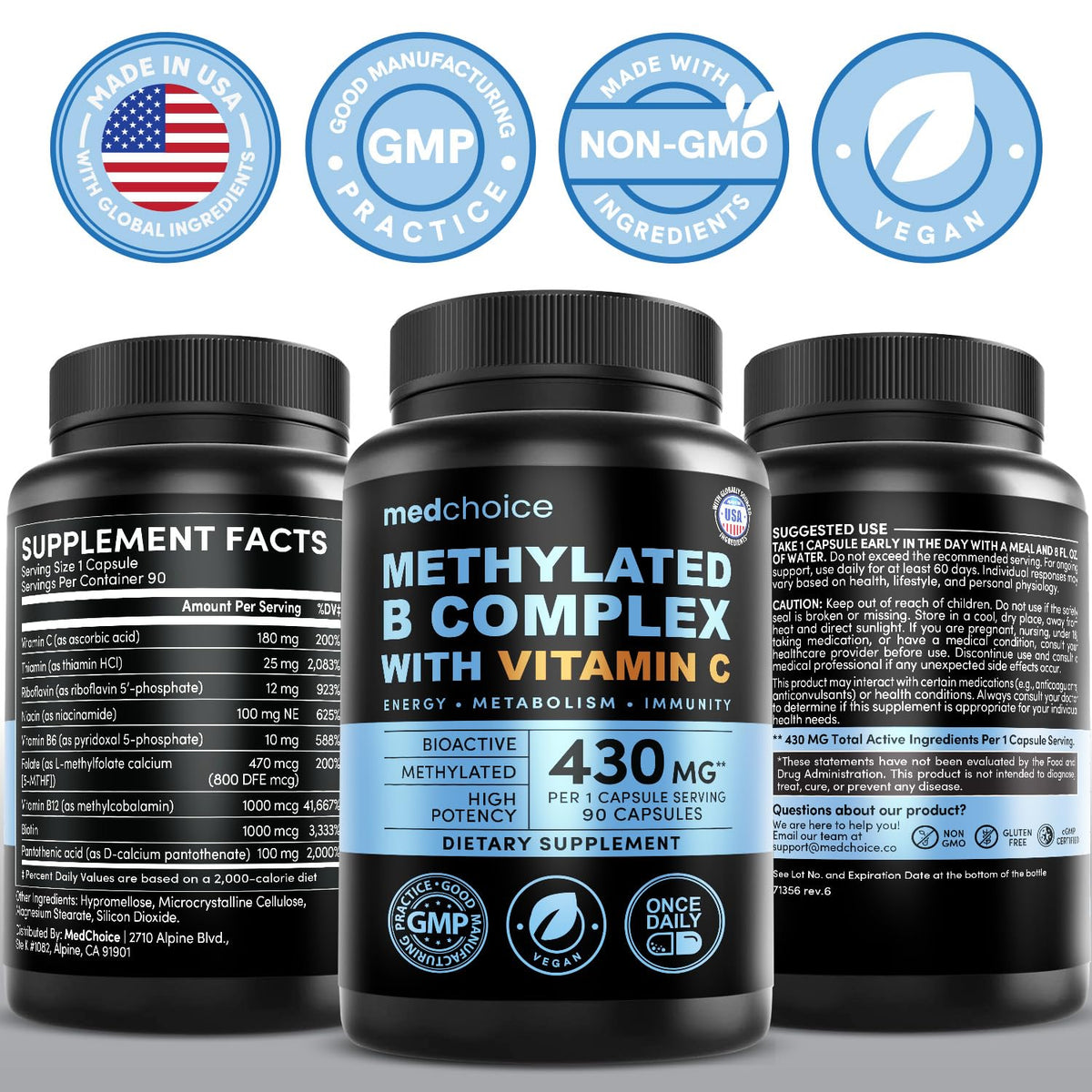 MEDCHOICE 9-in-1 Methylated Vitamin B Complex for Women & Men, 90ct