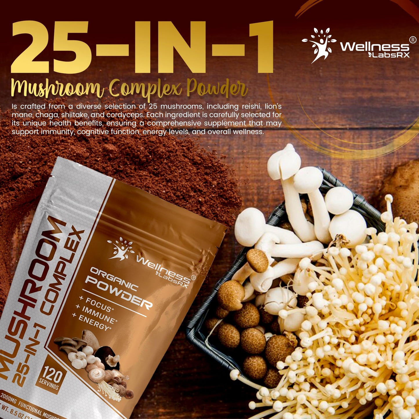 WELLNESS LABSRX Mushroom Powder, 25 in 1 Mushrooms Supplement - 2000mg, 25 Superfood Mishroom Lions Mane Powder with Chaga, Shiitake, Cordyceps, Reishi - Lion's Mane Mushroom - 120 Servings