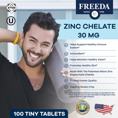 Freeda Chelated Zinc 30mg – TRAACS® Zinc Bisglycinate for High Absorption – Vegan, Kosher, Gentle on Stomach – Immune Support for Adults, Men & Women – 100 Tiny Tablets | For Adult Men & Women – High Absorption Formula – Antioxidant Support, Gentle on Sto