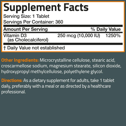 Bronson Vitamin D3 10,000iu (250mcg) Healthy Muscle Function and Immune Support, Non-GMO, 360 Tablets