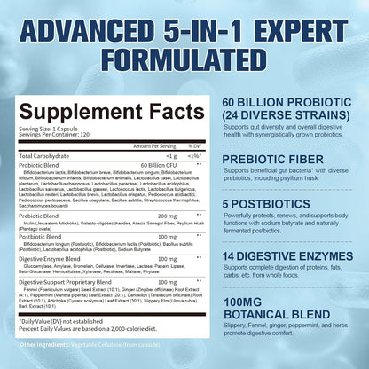 Totaria 5-in-1 Probiotic Prebiotic & Postbiotic for Women Men, 60 Billion CFU 24 Strains w/Digestive Enzymes, Prebiotic Fiber, Slippery Elm, Daily Complete Immune, Gut Health, 120 Day Supply