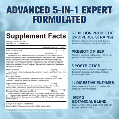 Totaria 5-in-1 Probiotic Prebiotic & Postbiotic for Women Men, 60 Billion CFU 24 Strains w/Digestive Enzymes, Prebiotic Fiber, Slippery Elm, Daily Complete Immune, Gut Health, 120 Day Supply