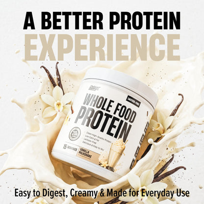 Nutrex Research Whole Food Protein Powder, 20g Protein per Scoop, Lactose Free, Dairy Free, Low Carb Low Fat, Collagen Peptides, 15 Servings (Vanilla Milkshake)