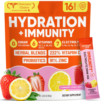 Venture Pal Sugar Free Hydration Packets+Immune-Liquid Daily IV Drink Mix | Electrolyte Powder with 7 Electrolytes & 6 Vitamins, Probiotics + Elderberry | Non-GMO, Keto Friendly, Vegan | 16 Sticks