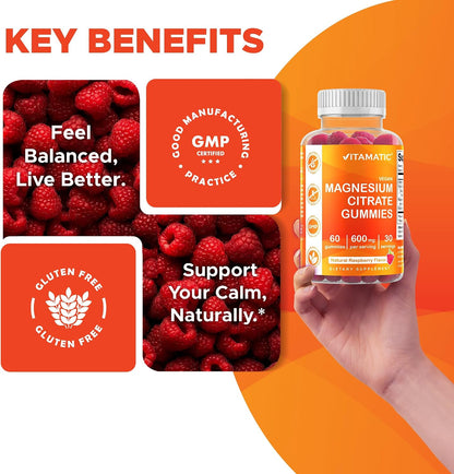 Vitamatic Magnesium Citrate Gummies, 600 mg, 60 Vegan Gummies | 600 mg Magneisum Citrate Per Serving with 70 mg of Elemental Mg, Natural Raspberry Flavor, Non-GMO, Gluten Free, Pectin Based