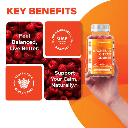 Vitamatic Magnesium Citrate Gummies, 600 mg, 60 Vegan Gummies | 600 mg Magneisum Citrate Per Serving with 70 mg of Elemental Mg, Natural Raspberry Flavor, Non-GMO, Gluten Free, Pectin Based