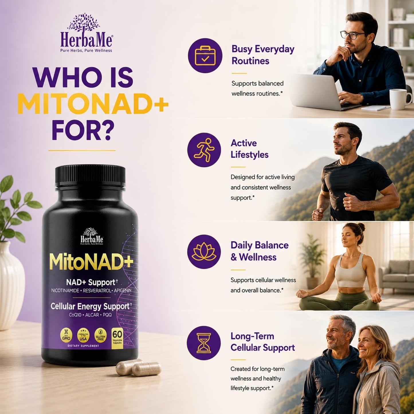 HerbaMe NAD+ Support Supplement - Multi-Pathway Cellular Energy Formula with Nicotinamide, CoQ10, PQQ, Resveratrol & Apigenin - Mitochondrial Support & Healthy Aging - 60 Capsules