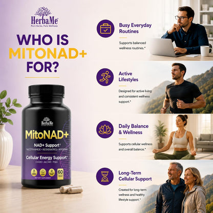 HerbaMe NAD+ Support Supplement - Multi-Pathway Cellular Energy Formula with Nicotinamide, CoQ10, PQQ, Resveratrol & Apigenin - Mitochondrial Support & Healthy Aging - 60 Capsules