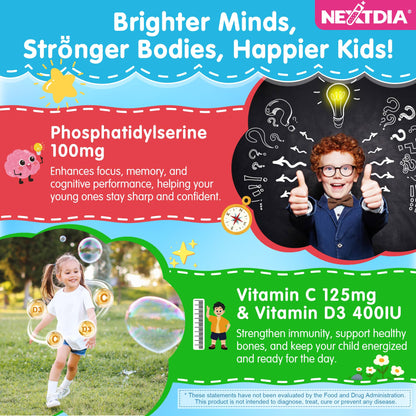 Phosphatidylserine Supplement 100mg, Focus Gummies for Kids Teens + Vitamin C & D3 400IU, Sugar Free Kids Brain Gummies Increase Attention & Concentration, Chewable, Vegan, Gluten Free, Non-GMO 2 Pack