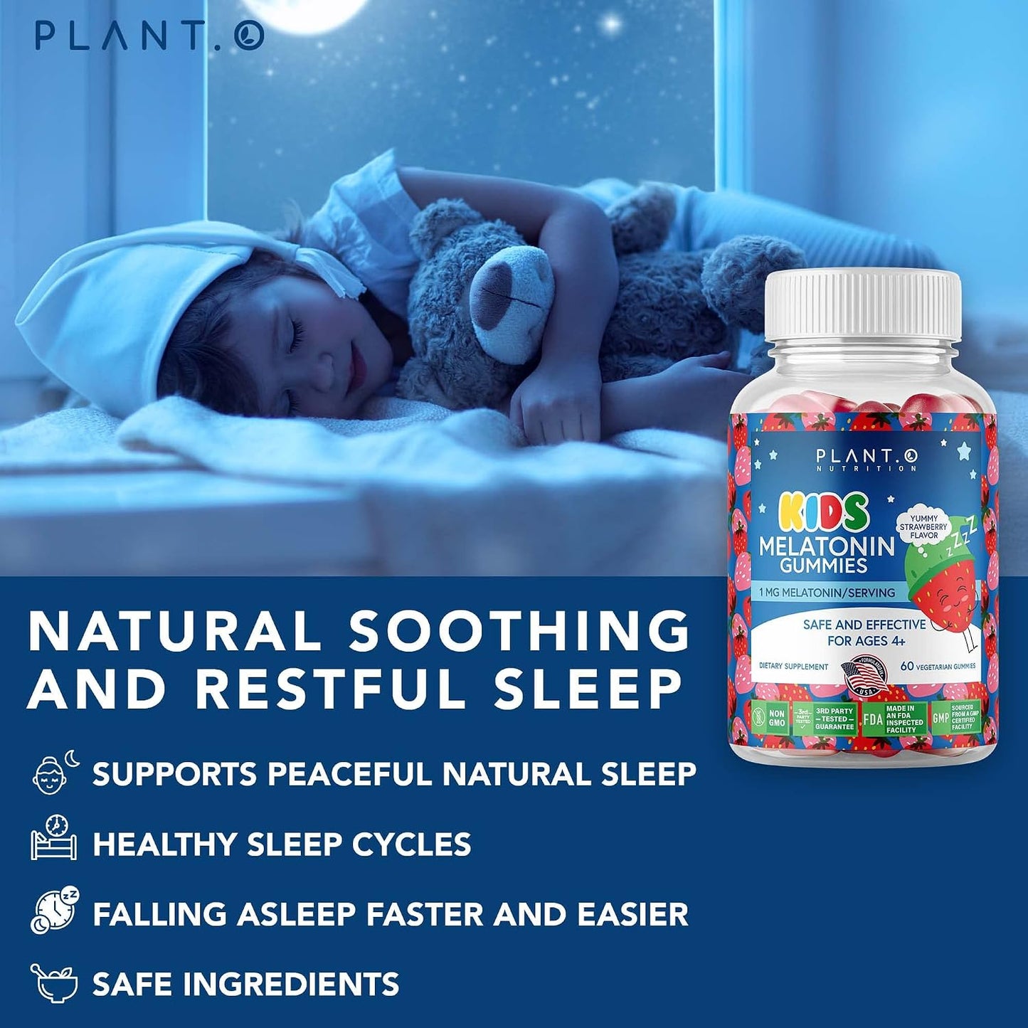 Kids Melatonin Gummies [Fall Asleep Faster with 100% Drug Free Strawberry Cream Flavored Gummy] for Natural Sleep Support | Vegetarian, Gluten Free | 60 Children’s Melotonin Chewables